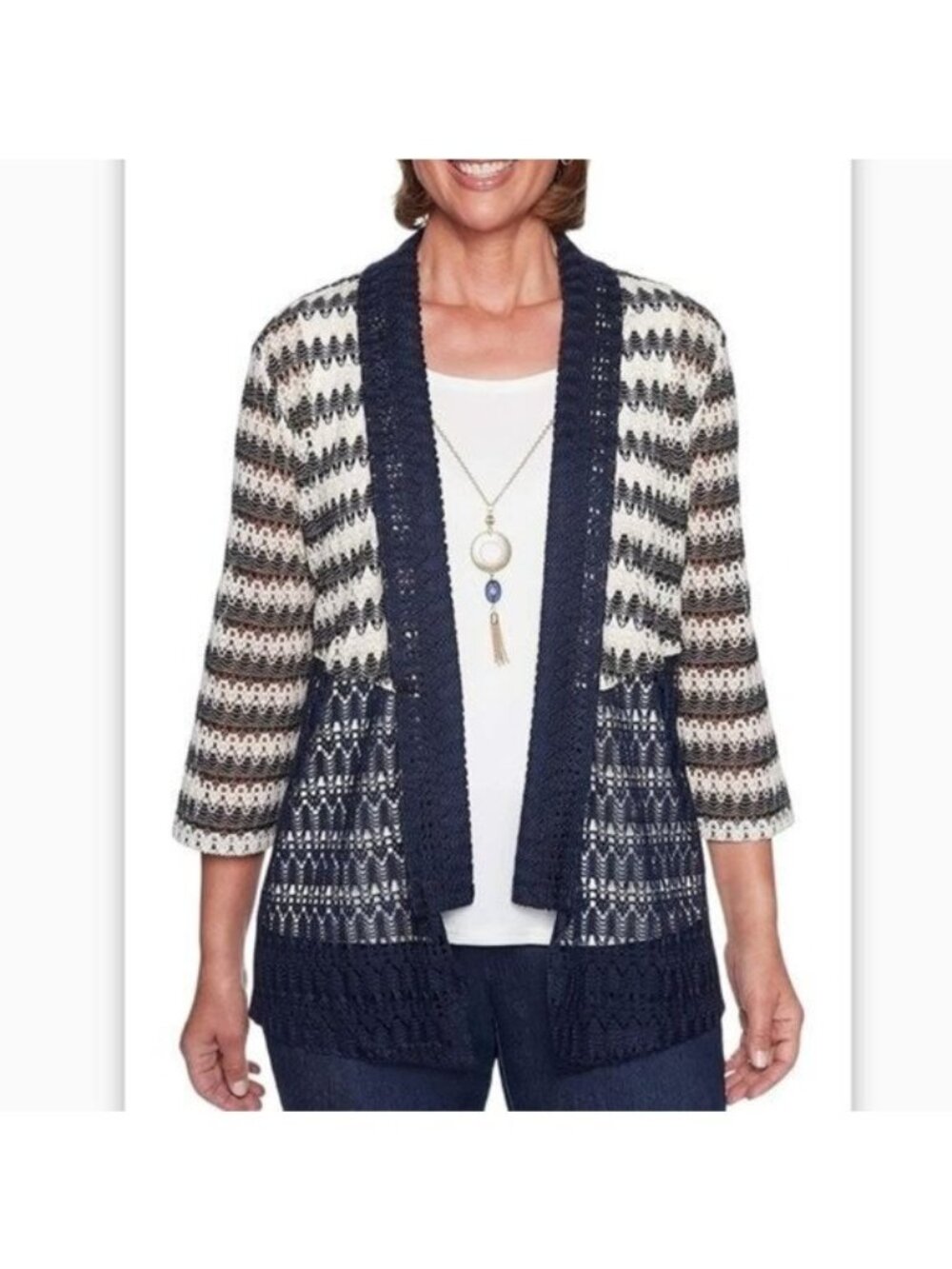 Alfred Dunner Womens Crochet Cardigan Sweater 3/4 Sleeve Open Front Navy/White S